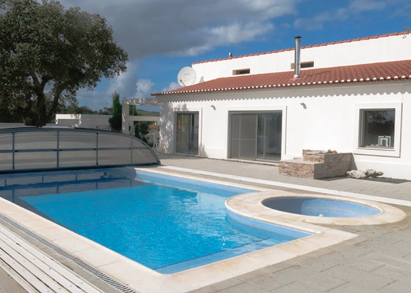 Pool area cover retracted